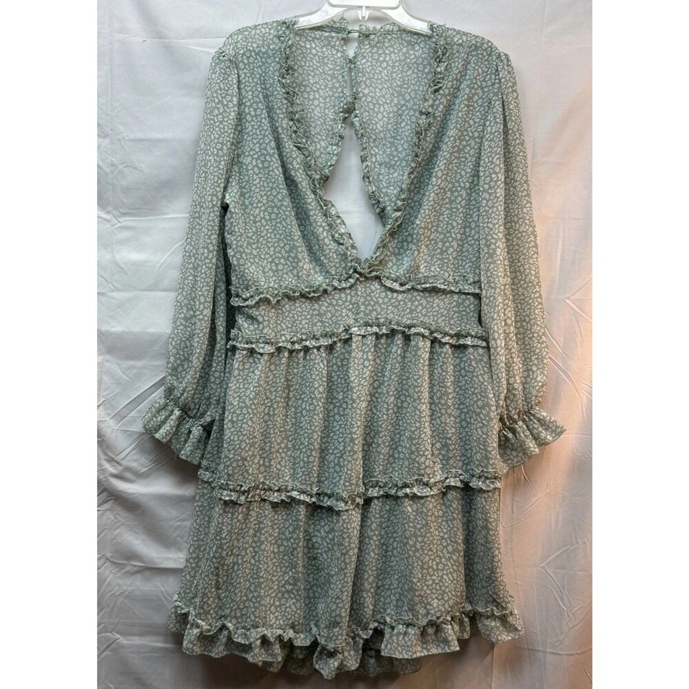 Women’s XL Sage Green Leopard Animal Print Ruffle Tiered Boho Mini Dress Cut Out